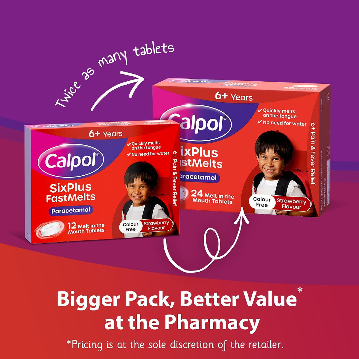 Calpol SixPlus Fastmelts Paracetamol (12 x 250 mg Tablets), Strawberry Flavour Calpol Melts with Paracetamol for Soothing and Effective Fever and Pain Relief, Suitable for Kids from 6 Years