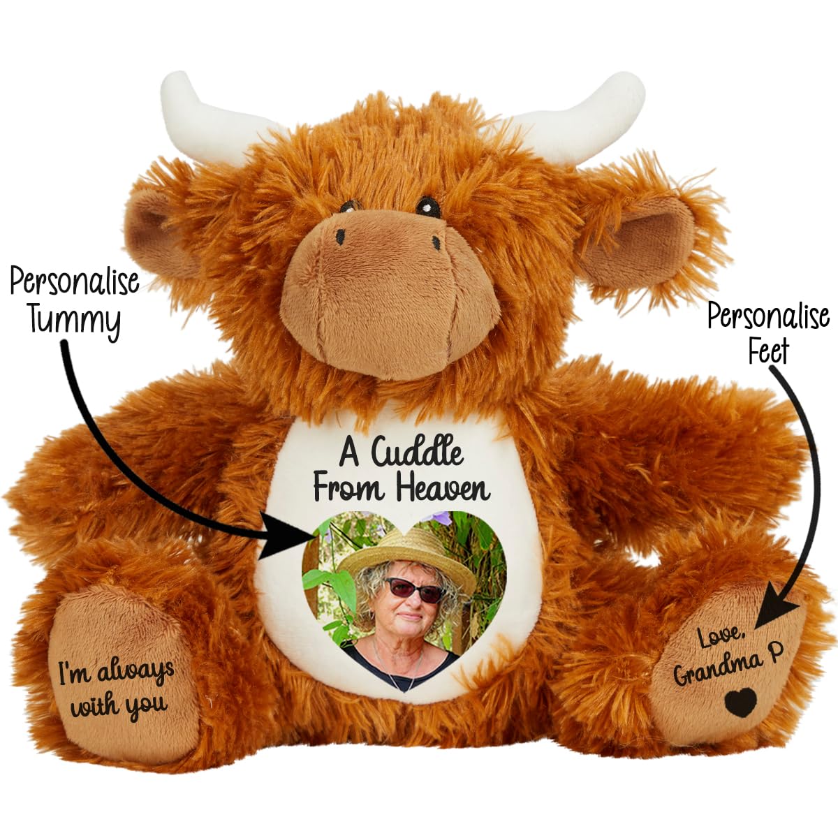 Personalised Memory Teddy Bear with Heart-Shaped Photo – “A Cuddle From Heaven” Keepsake Gift – 28 Bear Styles – Add Your Text & Choose Colour – Custom Memorial Bear (White Angel Teddy)
