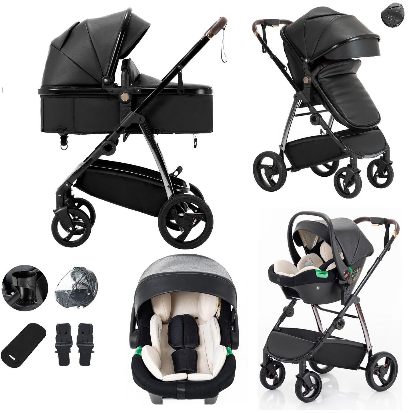 Baby Stroller 3 in 1,Travel Pushchair's Lie-Flat Pram is Foldable, Stroller System Handle is Adjustable, The Wheels are Made of PU Material, Suitable for 0-3 Years-Khaki