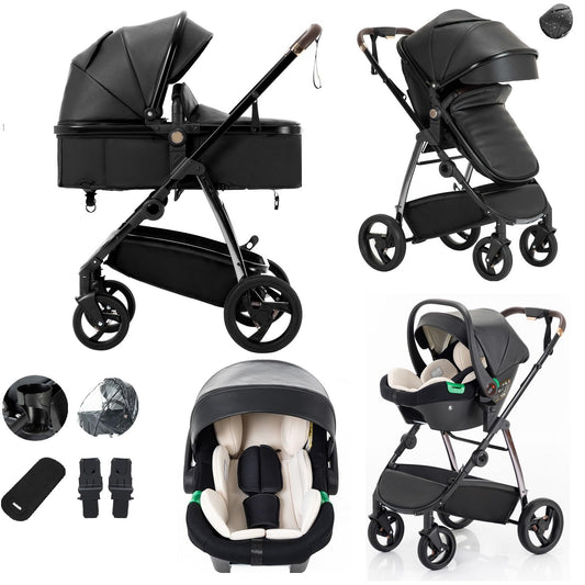 Baby Stroller 3 in 1,Travel Pushchair's Lie-Flat Pram is Foldable, Stroller System Handle is Adjustable, The Wheels are Made of PU Material, Suitable for 0-3 Years-Khaki