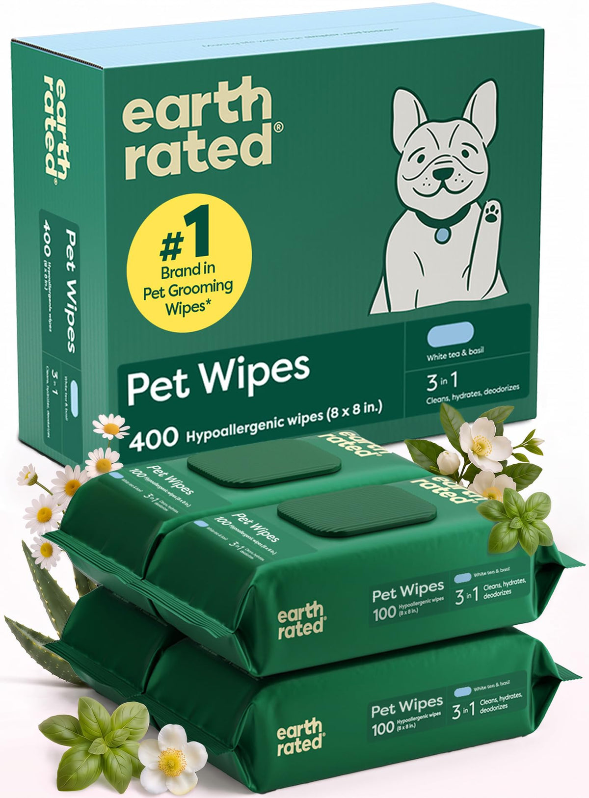 Earth Rated Pet Wipes for Dogs, Hypoallergenic, Cleaning and Hydrating, for Grooming Paws, Body and Bums, Unscented, 100 Count