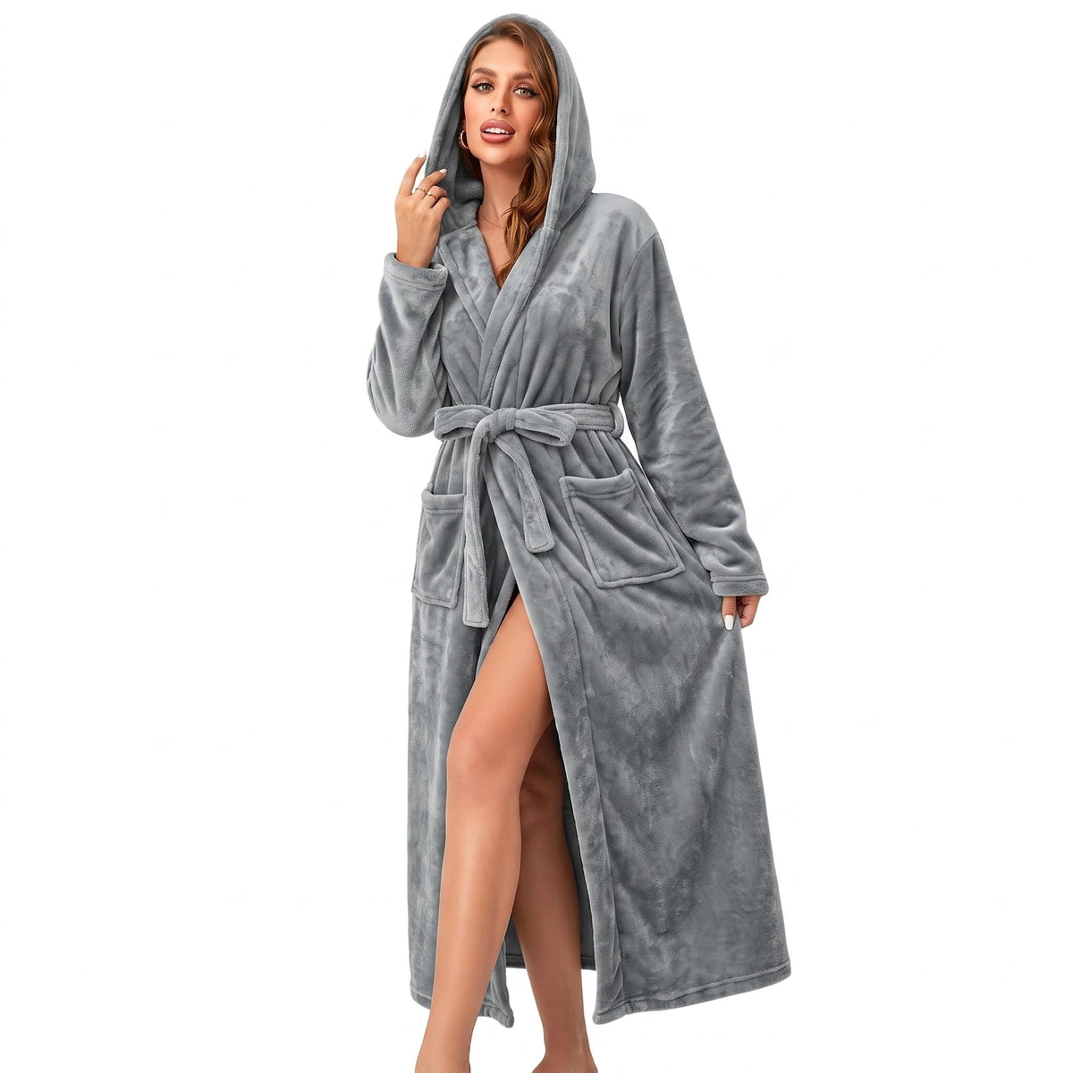 RONGTAI Womens Dressing Gown Fleece Plush Warm Long Hooded Robes