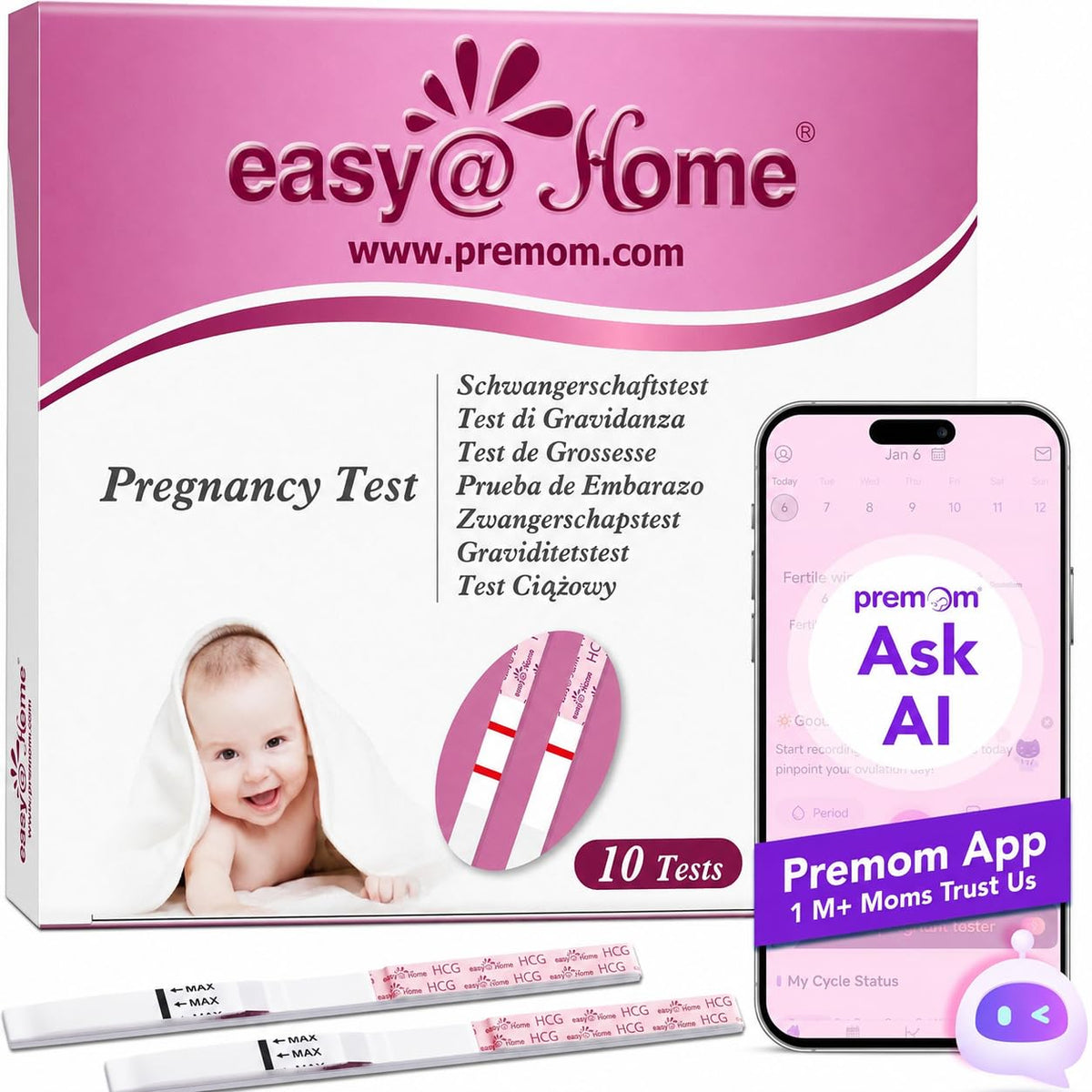 Easy@Home 20 Pregnancy Test Strips for Early Detection, Premom App Support
