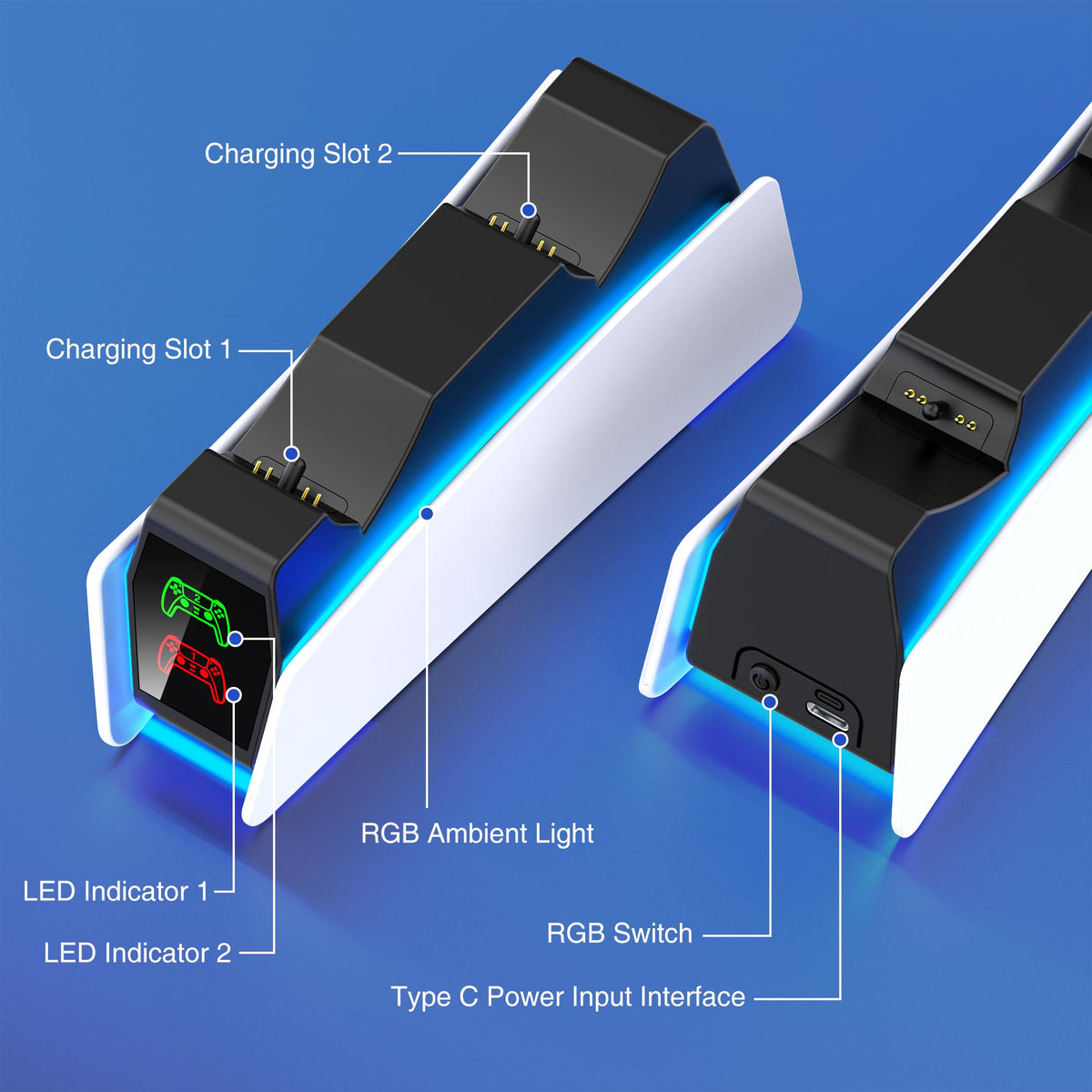 HELLCOOL PS5 Charging Charger for DualSense & Edge, Fast Charge 2 Controllers Simultaneously, Drop&Go No Alignment, LED Indicator with Touch Off, Smart Safety Protection, with 1m USB-C Cable
