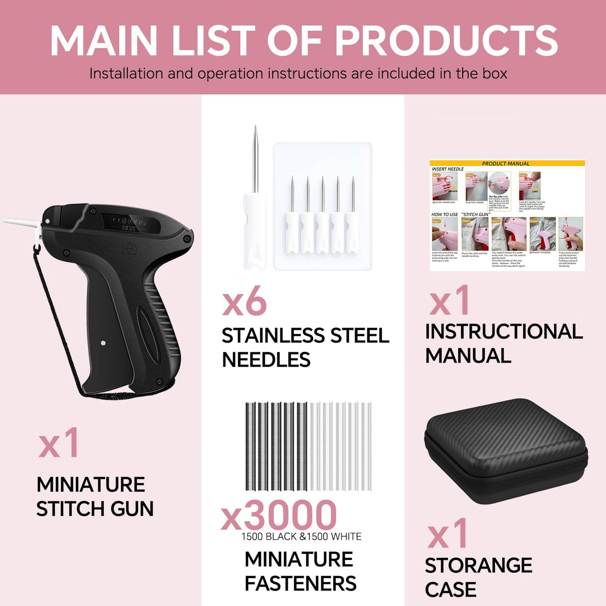 Stitchy Quick Clothing Fixer, Mini Stitch Gun for Clothes, Clothing Stitch Tagging Gun with Case,Stitchy Tool with 6 Needles,1500 Black & 1500 White 5mm Micro Fasteners