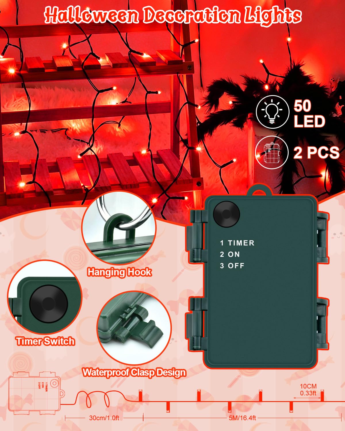 Dalugo Halloween Decoration Lights, 5M 50 LED Orange Purple White Fairy Lights with Timer, IP65 Waterproof Battery Powered Lights for Indoor Outdoor Autumn Halloween Decorations(Green Wire)