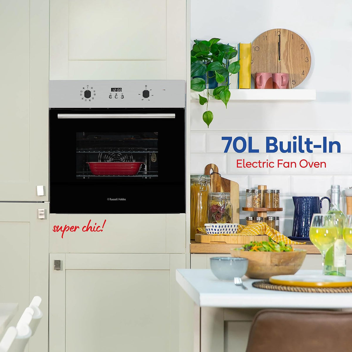 Russell Hobbs Built-in Multifunctional Electric Fan-Assisted Oven 70L in Black with 10 Functions, Double-Glazed Door, A Energy Rating, Grill Function, LED Clock & Timer, Easy-Clean Interior, RHEO7011B