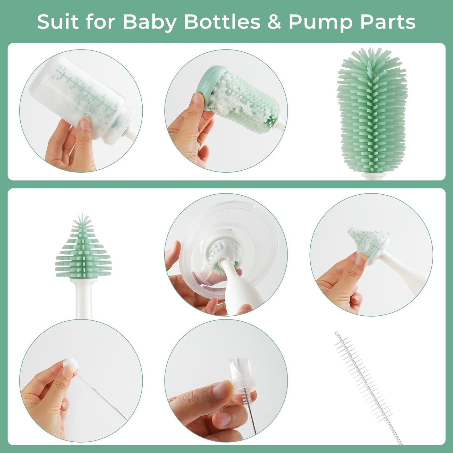 Momcozy Bottle Brush Set - Baby Bottle Cleaner Kit with Silicone Brush, Nipple Brush, Straw Brush, Soap Dispenser, Drying Rack - 7 in 1 Bottle Cleaning Tool for Home and Travel, Green