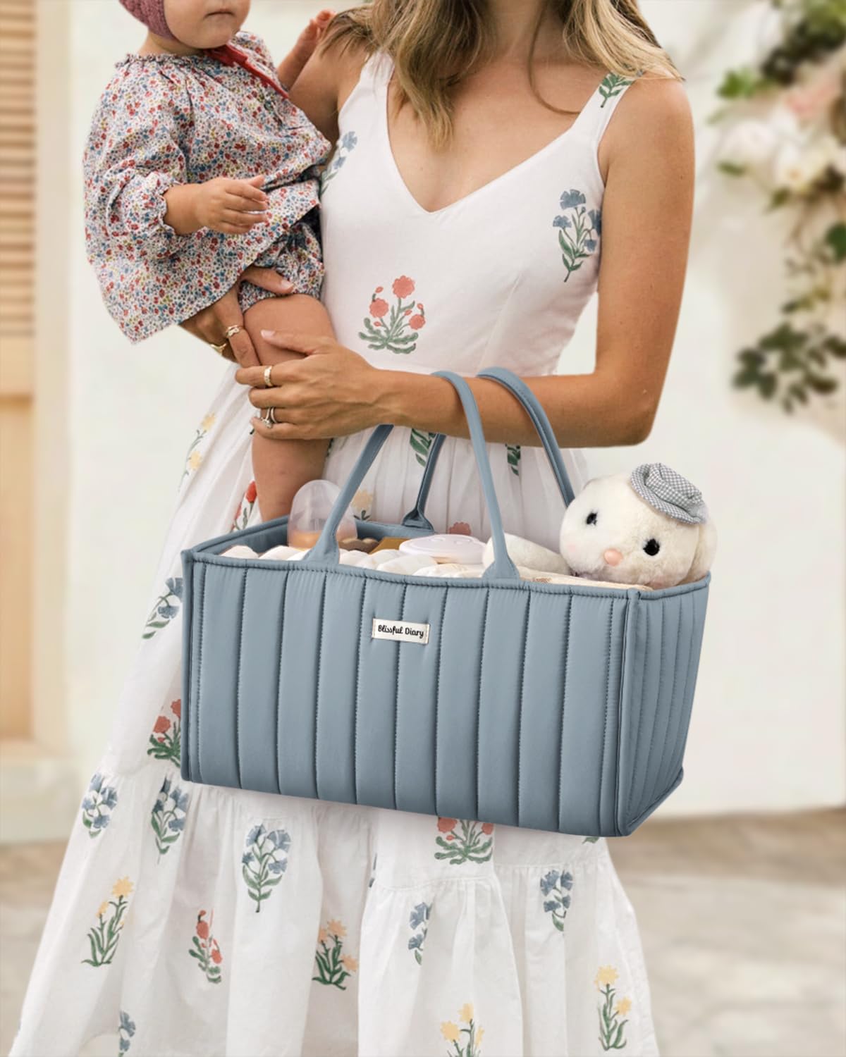 Blissful Diary Nappy Caddy Organiser, Baby Diaper Caddy for Nappy Station, Stylish Storage Basket for Newborn Essentials, Baby Shower Gifts for Girl or Boy, Woodland Cream