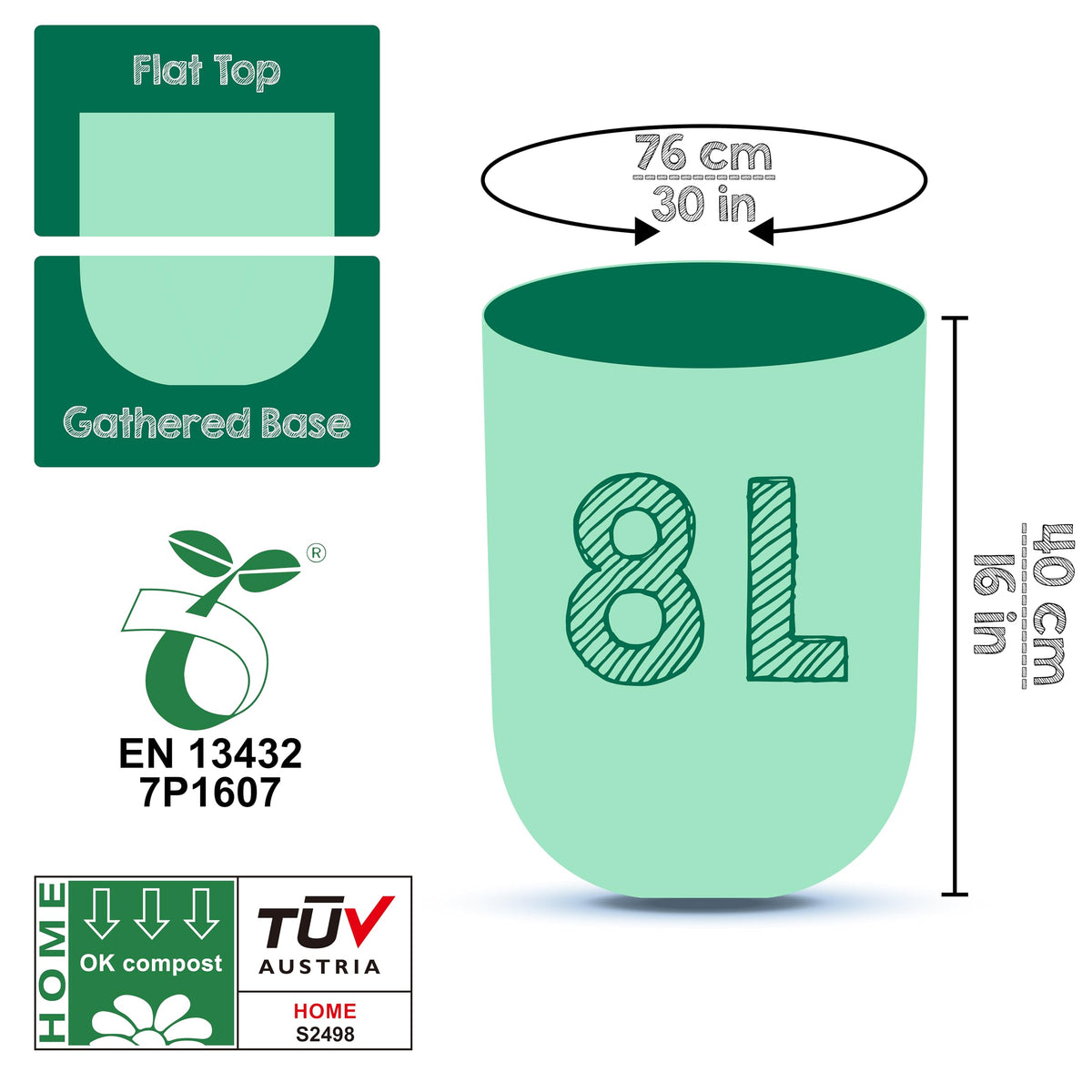 Greener Walker 6L-150Bags 100% Compostable Biodegradable Bin Liners 6L/10L/30L Food Waste Bags with EN13432 Certificate Caddy Kitchen Bin Liners