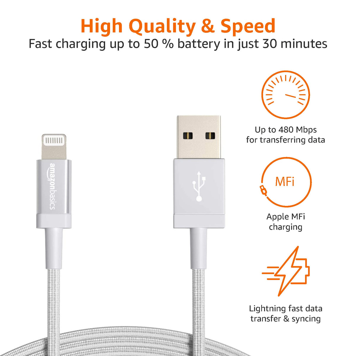 Amazon Basics USB-A to Lightning Charger Cable, Nylon Braided Cord, MFi Certified for Apple iPhone 14 13 12 11 X Xs Pro, Pro Max, Plus, iPad, 0.9 m, Silver
