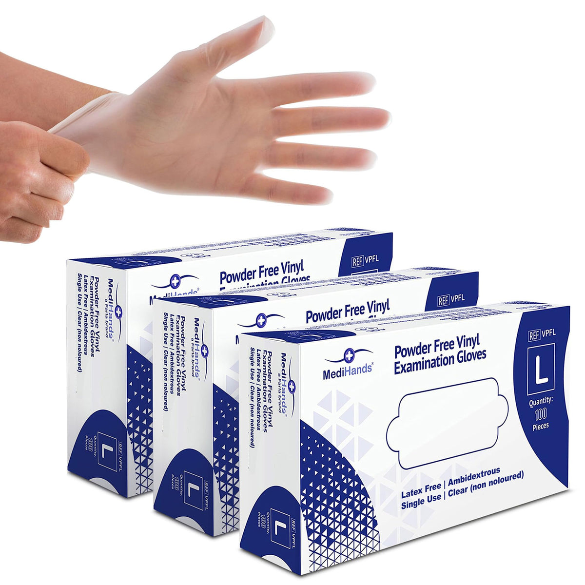 MediHands Vinyl Clear Medium Gloves, Disposable Surgical Gloves, Box of 100, Powder Free, Latex Free, Protein Free, Medical, Food, Multi-Use