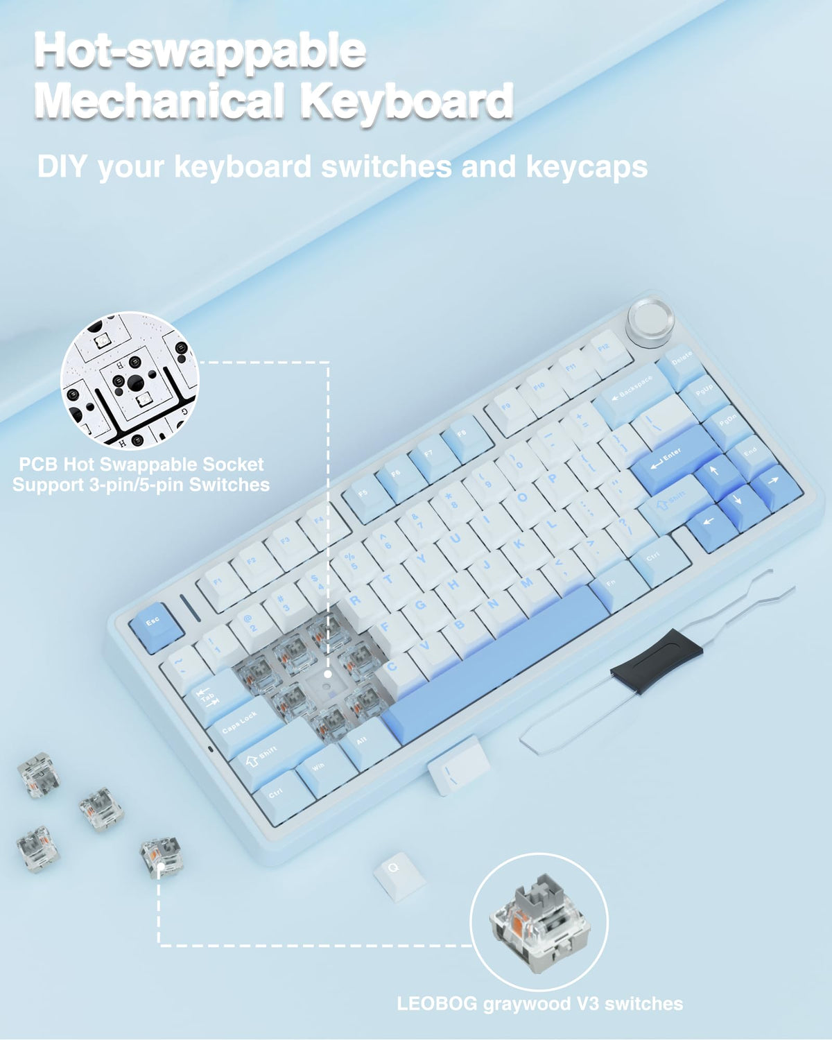 AULA F75 75% Wireless Mechanical Keyboard,2.4Ghz/Type-C/BT5.0 Gaming Keyboards,Advanced Structure,RGB Backlight,Hot Swappable Custom Keyboard for PC/Mac (Cool Black)