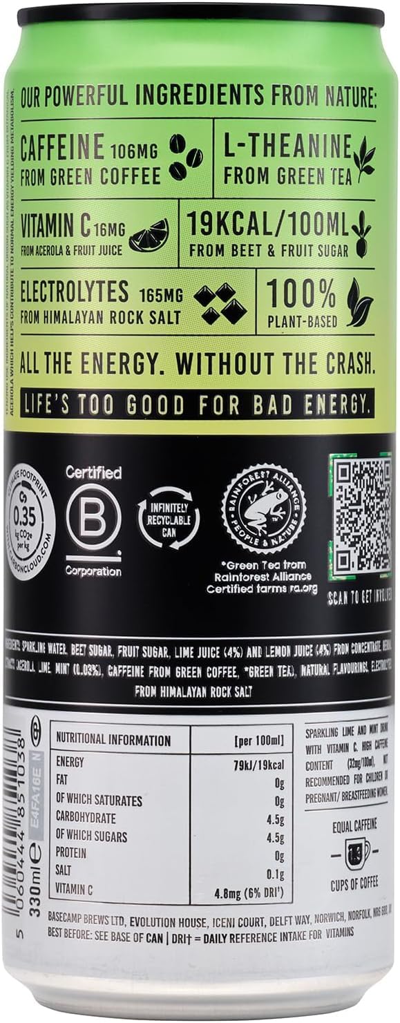 TENZING Natural Energy Drink, Plant Based, Vegan, & Gluten Free, +BCAA, Apple & Seaberry, 330ml (Pack of 12) - Packaging may vary