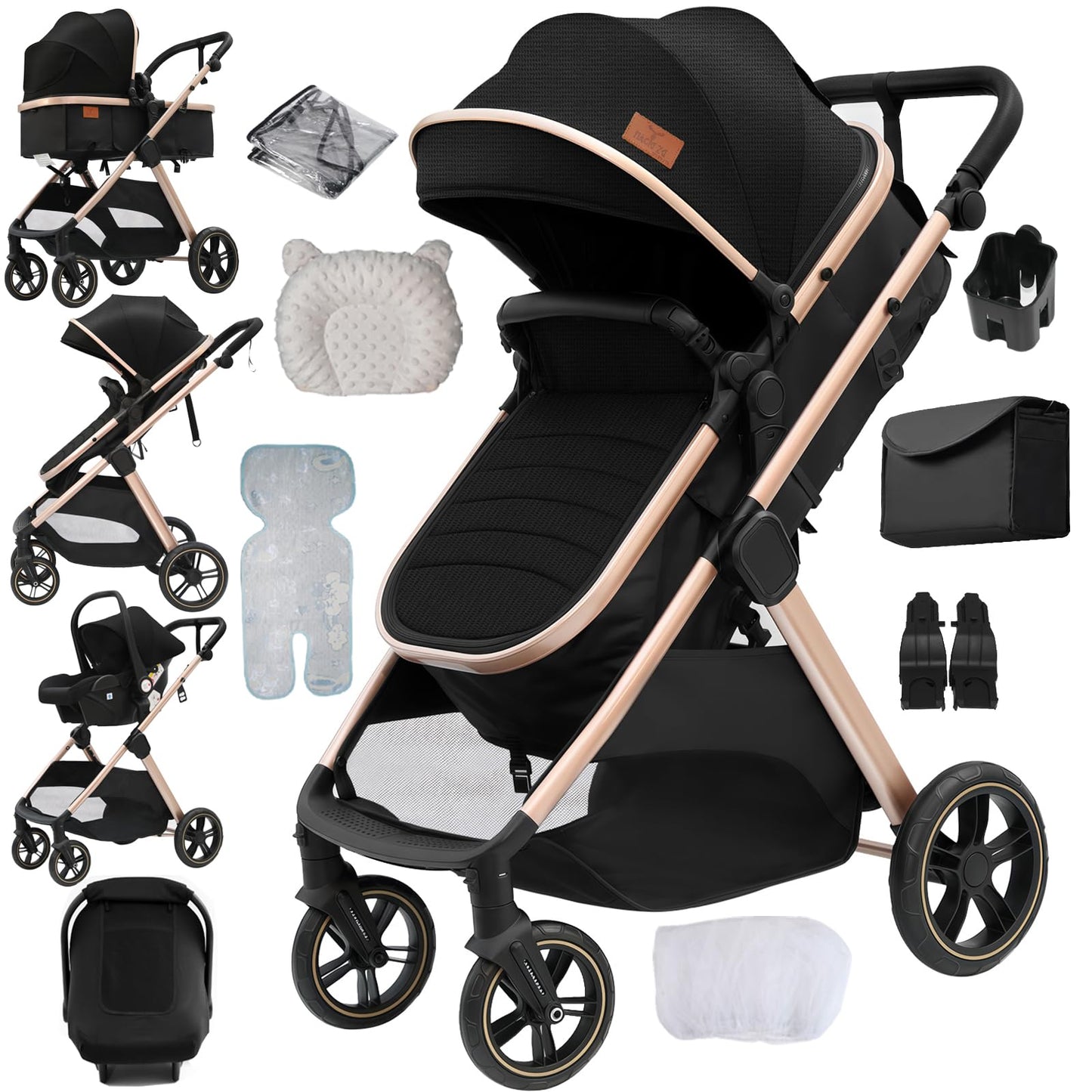 PU Leather 3 in 1 Pushchair Travel System, Toddler Stroller, Baby Pram 3 in 1, Infant Carriage with One-Click Folding, Newborn Buggy with Aluminum Frame (V6 Black)