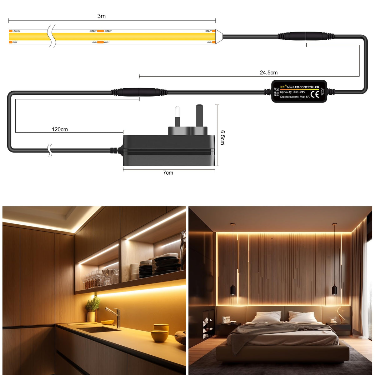 TTWAY COB LED Strip Lights 2700K, Dimmable LED Strip Kit, Super Bright 24V LED Tape Lights CRI90+ with RF Remote and UKCA Power Supply for DIY Home Decoration, 5M, 2400LEDs, Warm White.