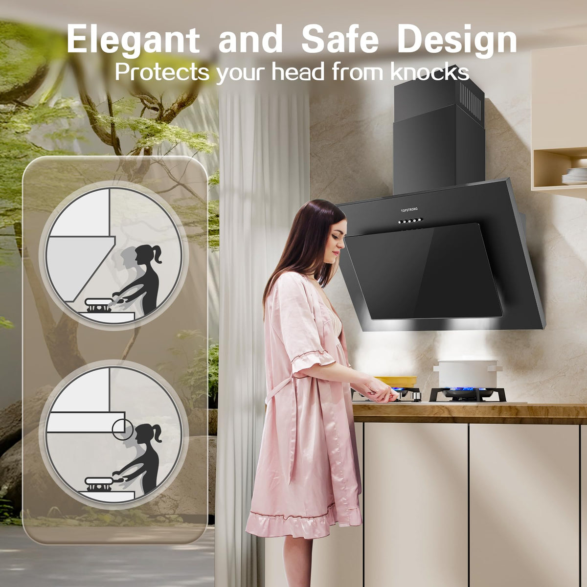 TopStrong Cooker Hood 90cm, 600 m³/h Extractor Fan kitchen, Wall-Mounted Extractor Hood, A++ Energy Efficiency, Touch Control, 58 dB, Recirculating & Ducting System, Black