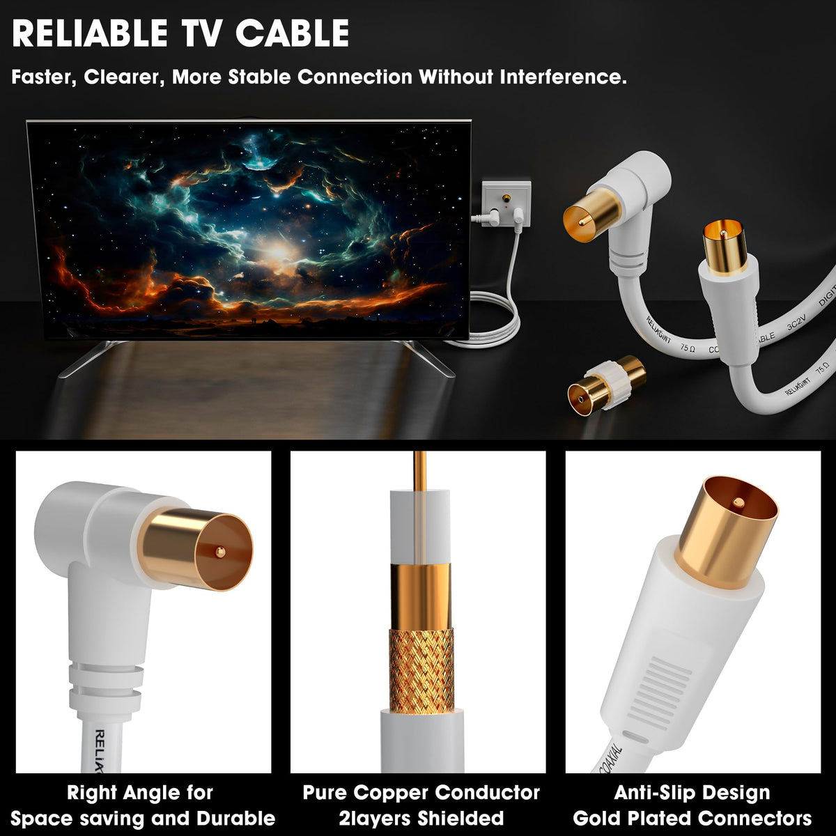 TV Aerial Cable 1m, 75 Ohm Coaxial Lead, IEC 9.5mm Male to Male 3C2V Pure Copper Dual Shielded, Right-Angle Connector, Female to Female Adaptor Included, Black