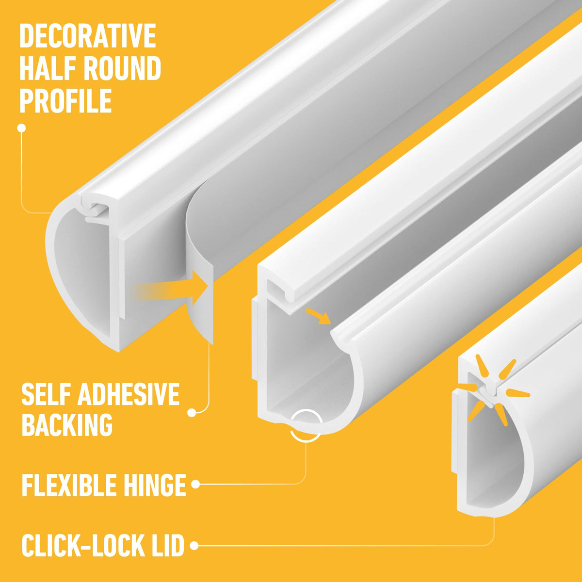 D-Line 30x15mm Cable Trunking 4m Multipack, Half Round Profile, Self-Adhesive Wire Cover, Paintable Cable Management - 10x 30mm (W) x 15mm (H) x 40cm Lengths and Accessories - White