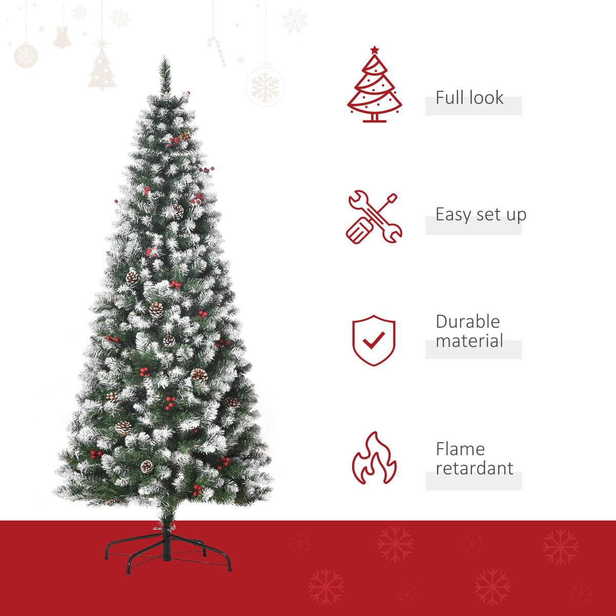 HOMCOM 5FT Artificial Christmas Tree Xmas Pencil Tree Red Berries Green