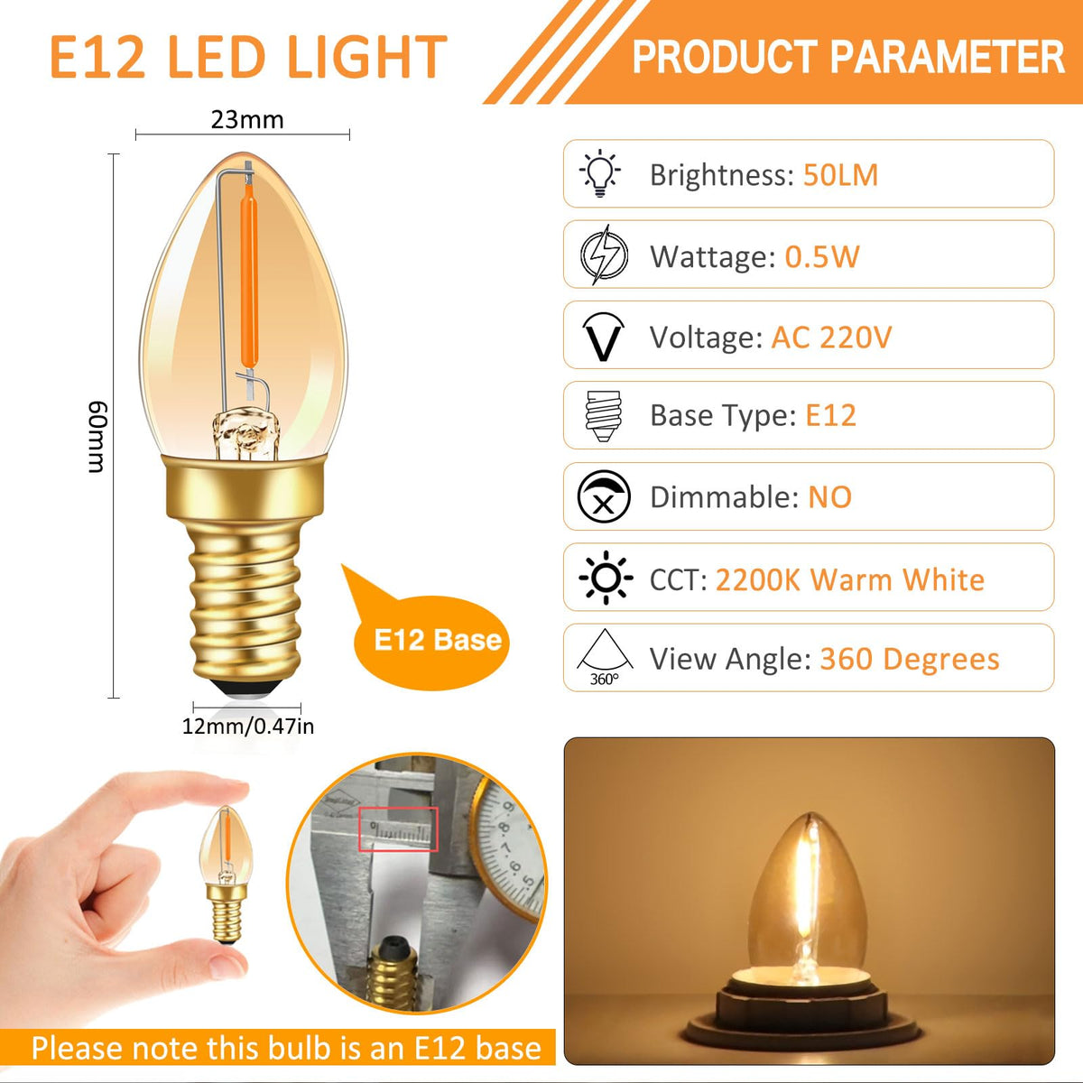 Caldarax 0.5W E14 LED Vintage Night Light Bulb, Mini C7 LED Filament Candle Bulbs Amber Warm White 2200K E14 Orange SES Small Edison Screw Salt Lamp Bulbs, 5W Equivalent, Non Dimmable, 2 Pack