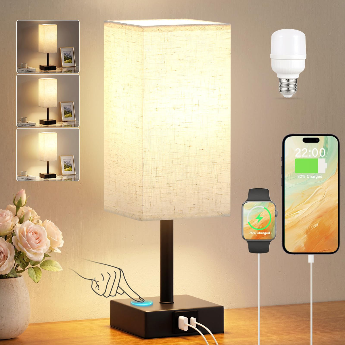 Pink Touch Lamp, Bed Lamp with Dual USB Charging Ports, Pink-Base (Bulb Included)