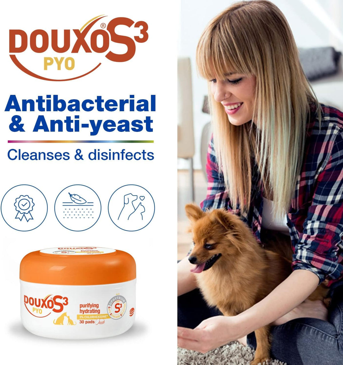 DOUXO S3 PYO Pads, Antibacterial & Anti-Yeast Dog And Cat Wipes