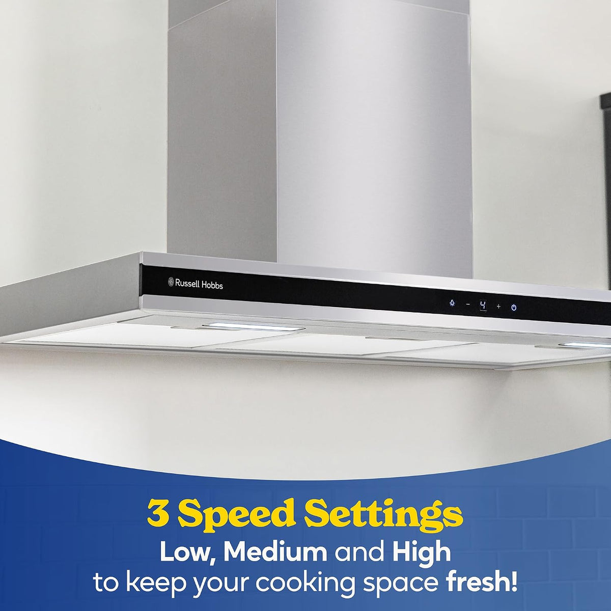 Russell Hobbs 90cm T-Shaped Cooker Hood in Stainless Steel with 3 Speed Settings, 3x Washable Aluminium Filters, Extraction or Recirculation, Boost Function, LED Lights A++ Energy Rating, RHGCH903SS