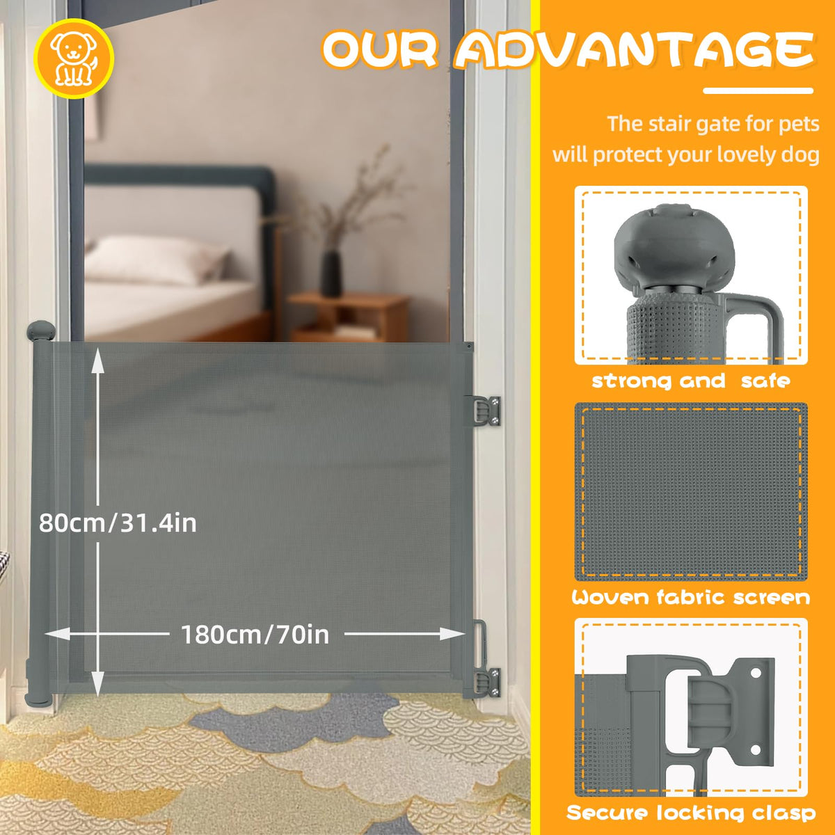 Rainberg Retractable Stair Gate for Baby & Pet with Secure 2-Step Lock 150cm Wide & 80cm Tall, One Hand Operated Baby Gate, Child Safety Gate for Doorways Stairs, Hallways, Kitchen (Grey)