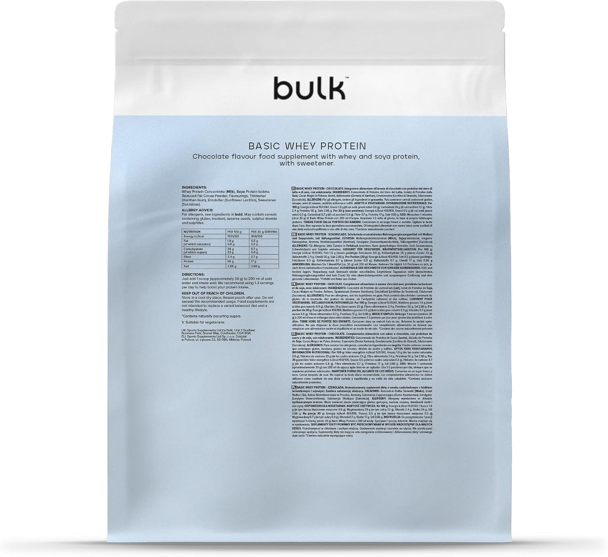 Bulk Basic Whey Protein Powder | Chocolate | 1.25 kg | 41 Servings | Up to 18g Protein per Serving | Low Sugar | Fast Absorbing Formula | Gym Supplement Supports Muscle Growth & Recovery
