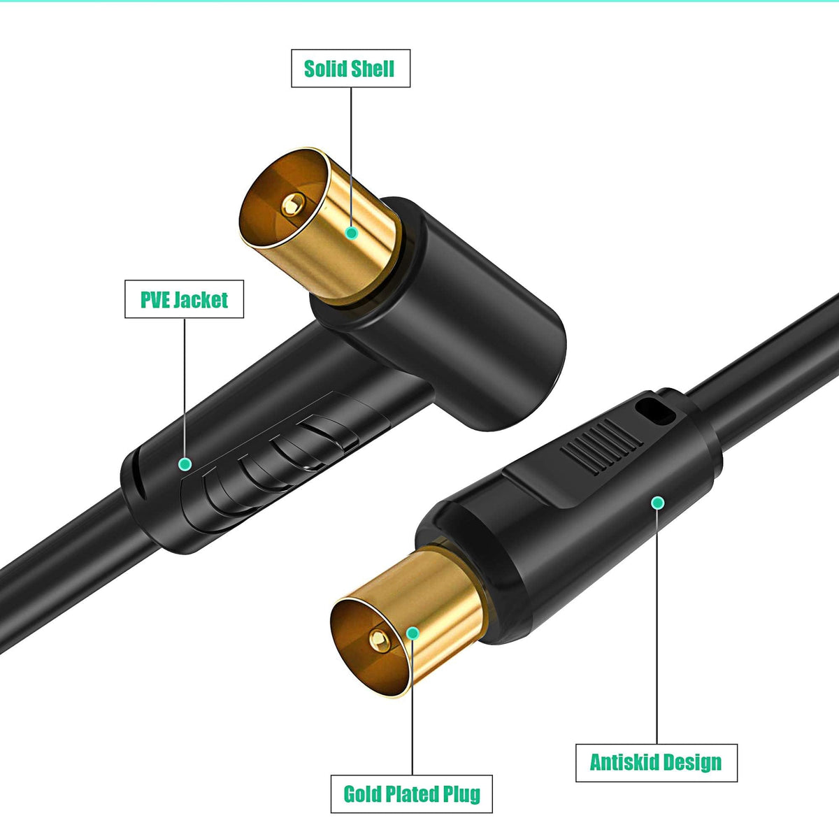 Ancable TV Aerial Cable with Coaxial Adapter 1M Black TV Ariel Lead
