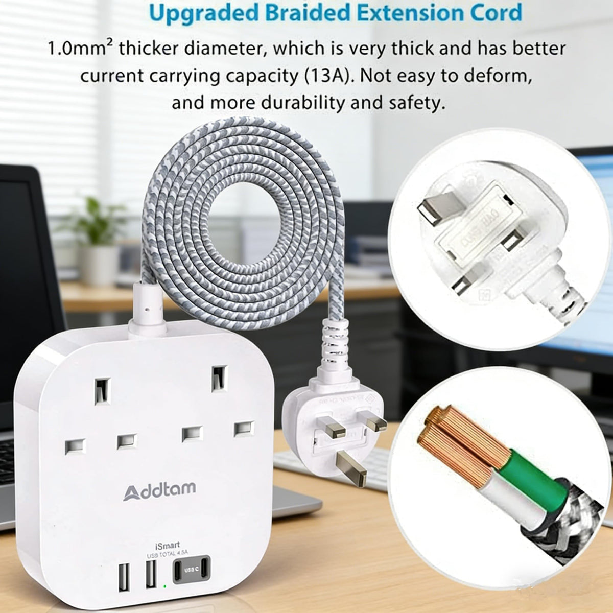 Addtam 3M Extension Lead with USB Slots, Power Strips with 2AC Outlets 4USB