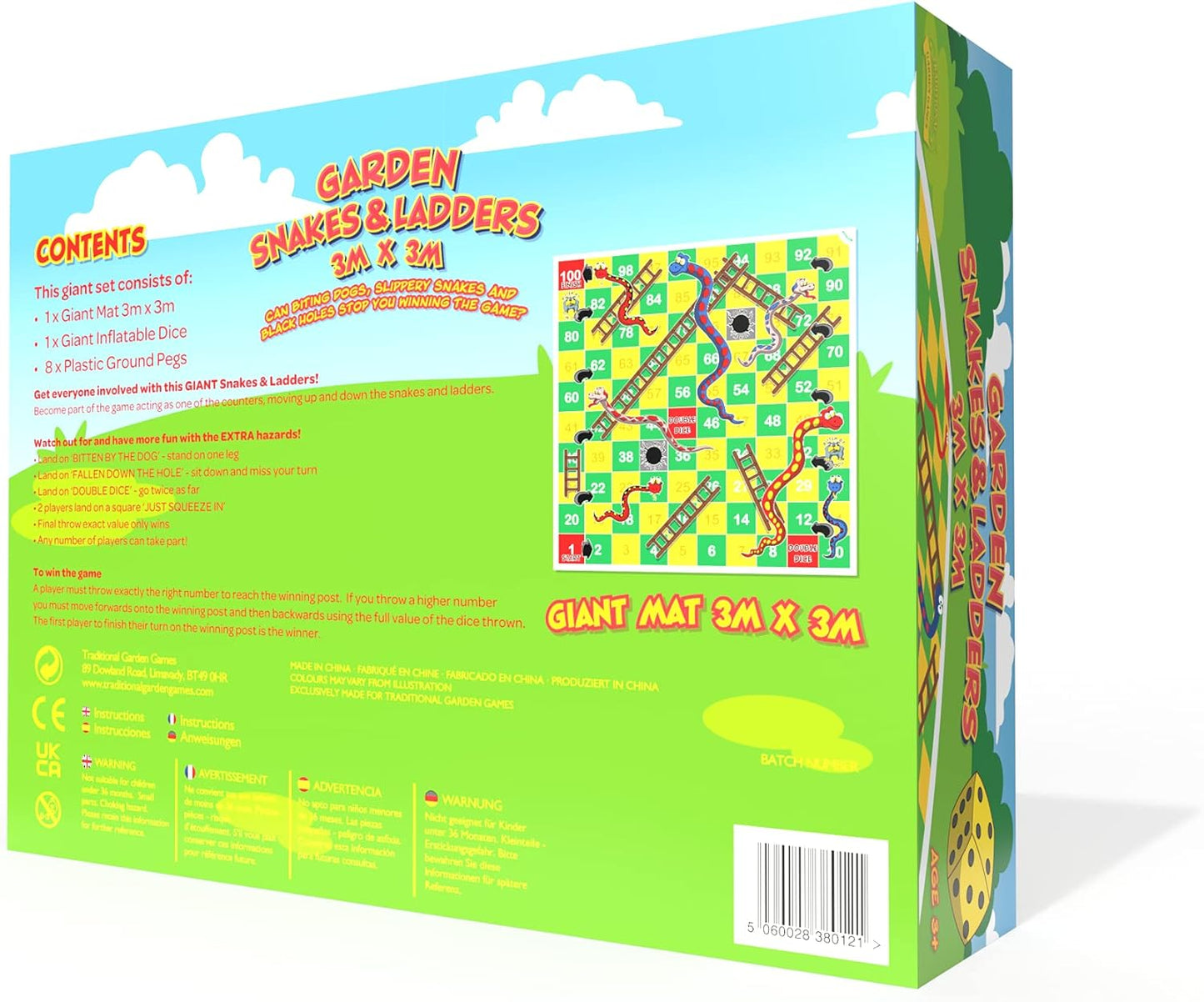 Giant Snakes and Ladders Outdoor Game – Life-Sized 3m x 3m (10ft x 10ft) Mat with Inflatable Dice – Family Fun for Kids & Adults, Includes Ground Pegs – Ideal for Garden Parties