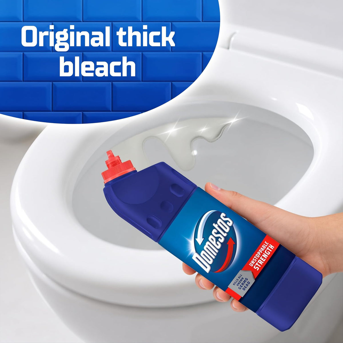 Domestos Original Thick Bleach disinfectant that eliminates 99.99% of bacteria and viruses* unstoppable strength 9x 750 ml