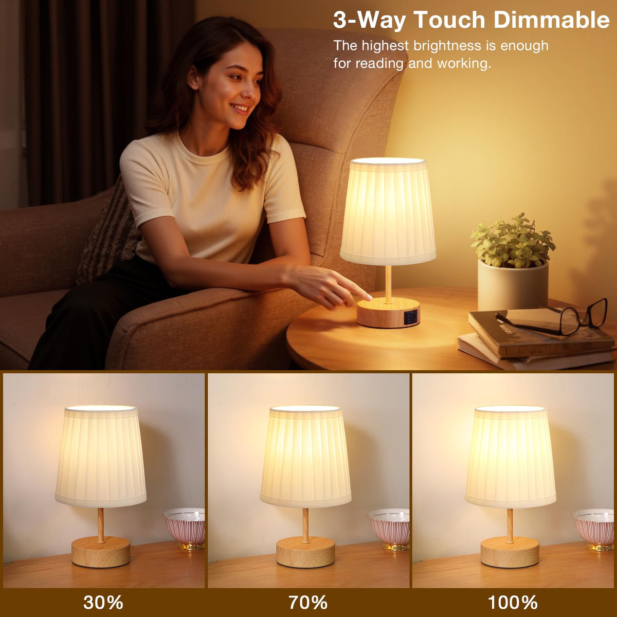 Aooshine Grey Table Lamp, 3-Way Dimmable, USB A + C Charging