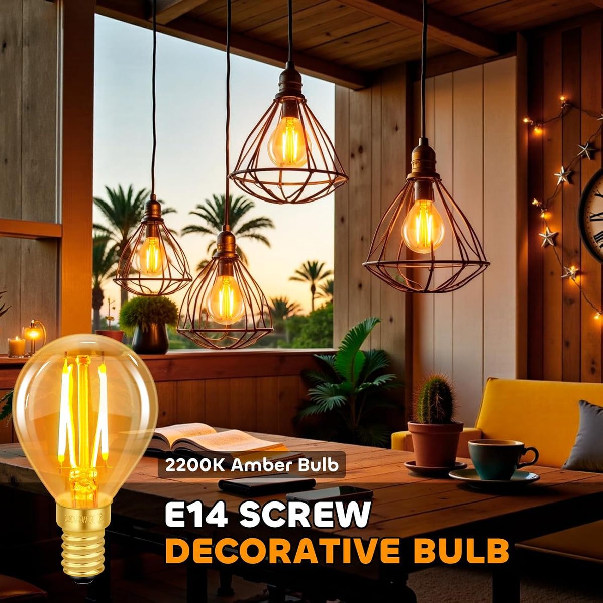 Vintage Light Bulb E14 Edison Screw Bulb, 4W LED Filament Equivalent 40 Watt, Antique Style Retro Amber Glass 2200K Warm White, 400LM, AC 220V, Non-dimmable, Mini G45 Golf Ball Bulbs, 6 Packs