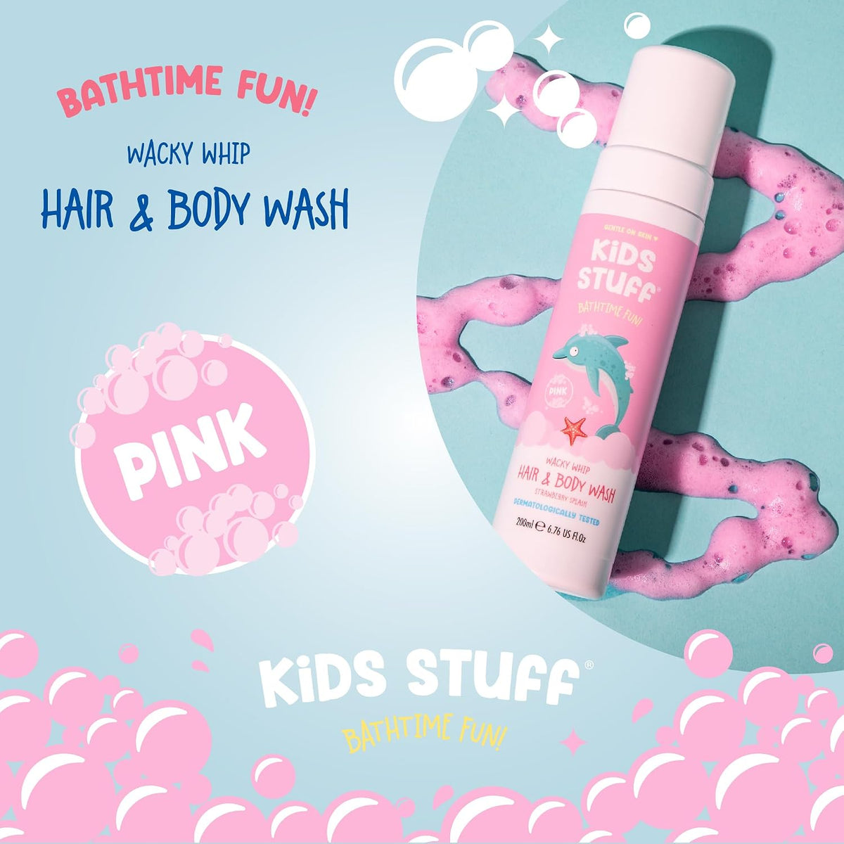 Kids Stuff Pink Wacky Whip Foaming Hair & Body Wash with Strawberry Swirl Fragrance | Dermatologically Tested Kids Hair & Body Wash | Gently Cleanses Hair & Skin | Vegan | Cruelty Free | 200ml