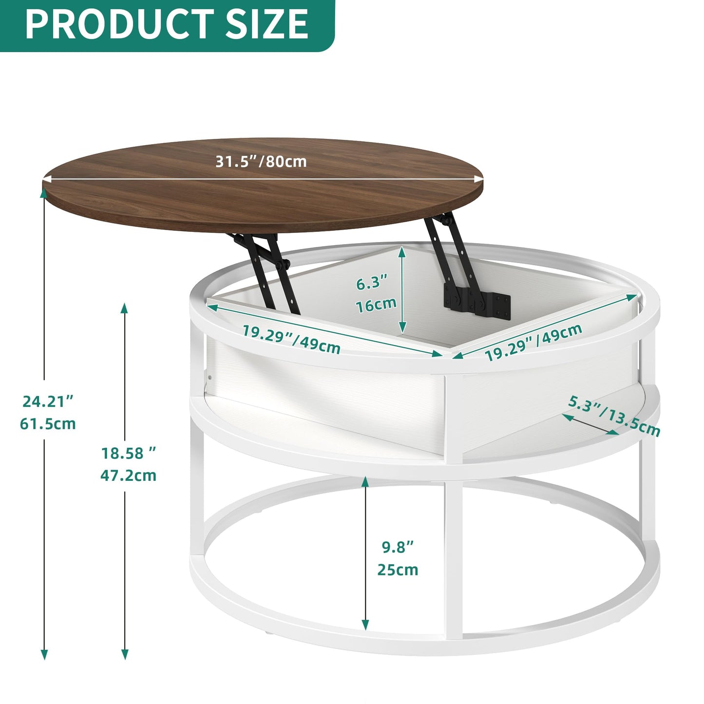 YITAHOME Coffee Table with Lift Top, lift up Coffee Table Round with Hidden Storage Compartment, 60x60x47cm