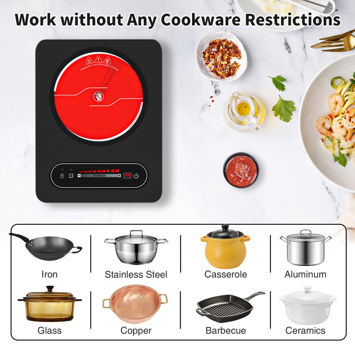 VBGK 2 Ring Electric Hob with Knob, 220V 3000W Double Ceramic Hob, 9 Power Levels, Kids Lock & Timer, Hot Surface Indicator, Overheat Protection, Knob and Touch Control Double Electric Hob