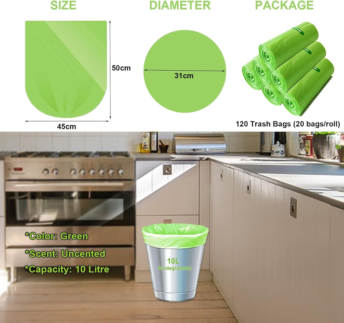 KITBEST 10L Biodegradable Bin Liners 120 Count Food Waste Trash Bags Small