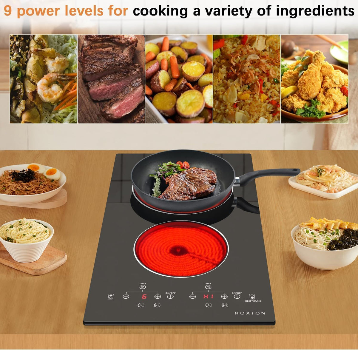Noxton 2 Zone Ceramic Hob 30cm Electric Hob with Timer, Safe Lock, Pause Coutertop Use Hob with 13AMP Plug 2800W