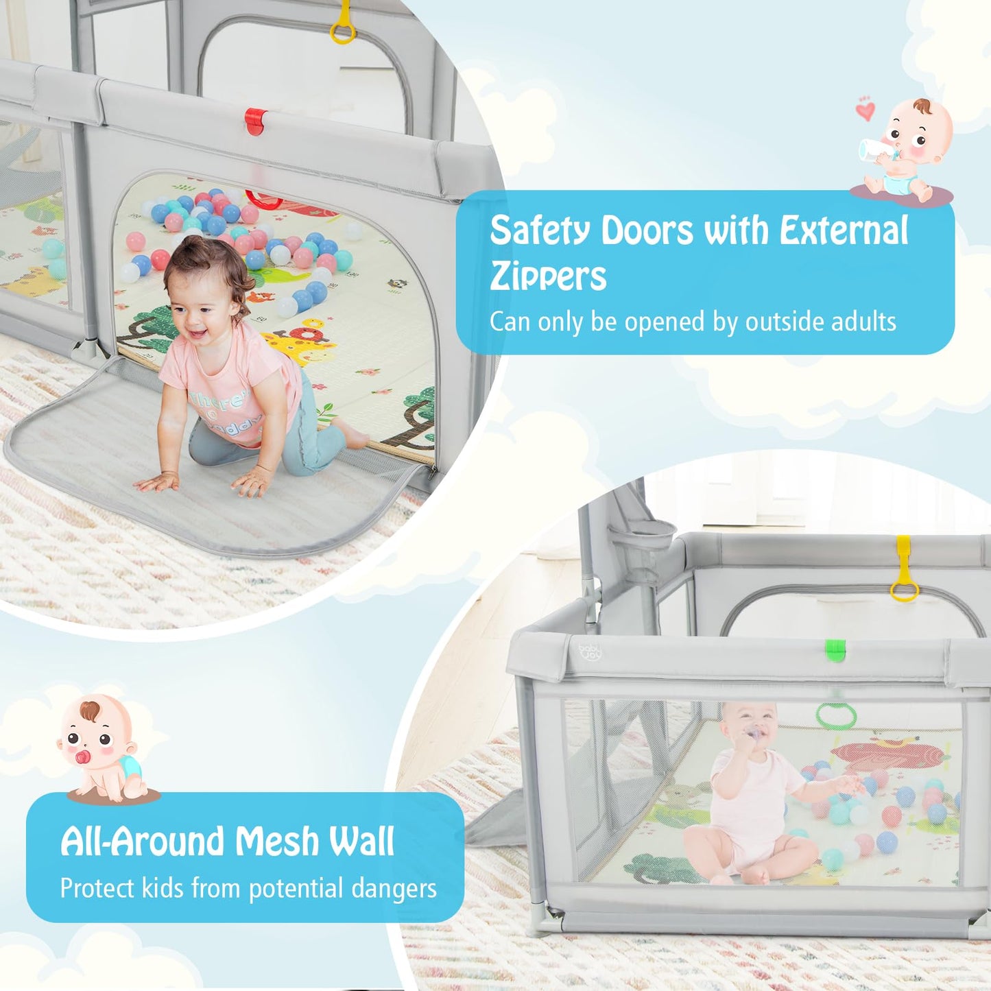COSTWAY Baby Playpen, Toddler Mesh Play Pen with Mat, Pull Rings, Basketball Hoop, Football Nets, Ocean Balls, Indoor Outdoor Safety Playard for Babies and Toddlers (Light Gray, 207 x 142cm)