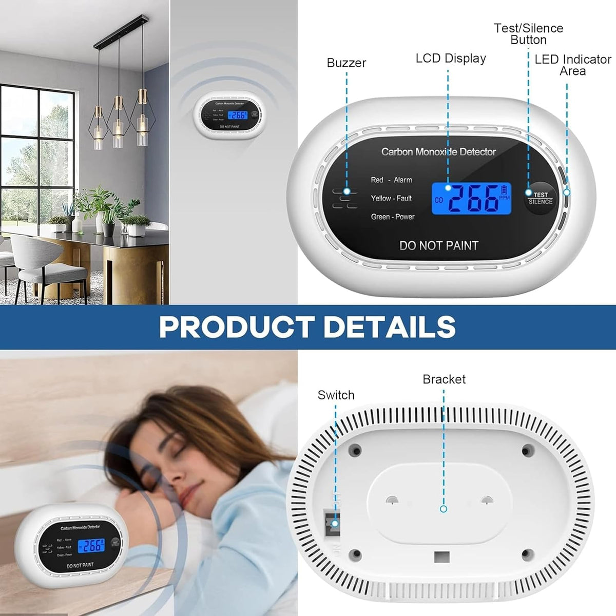 XINDUM Carbon Monoxide Detector 10-Year Battery LCD Display CE Black 2Pack