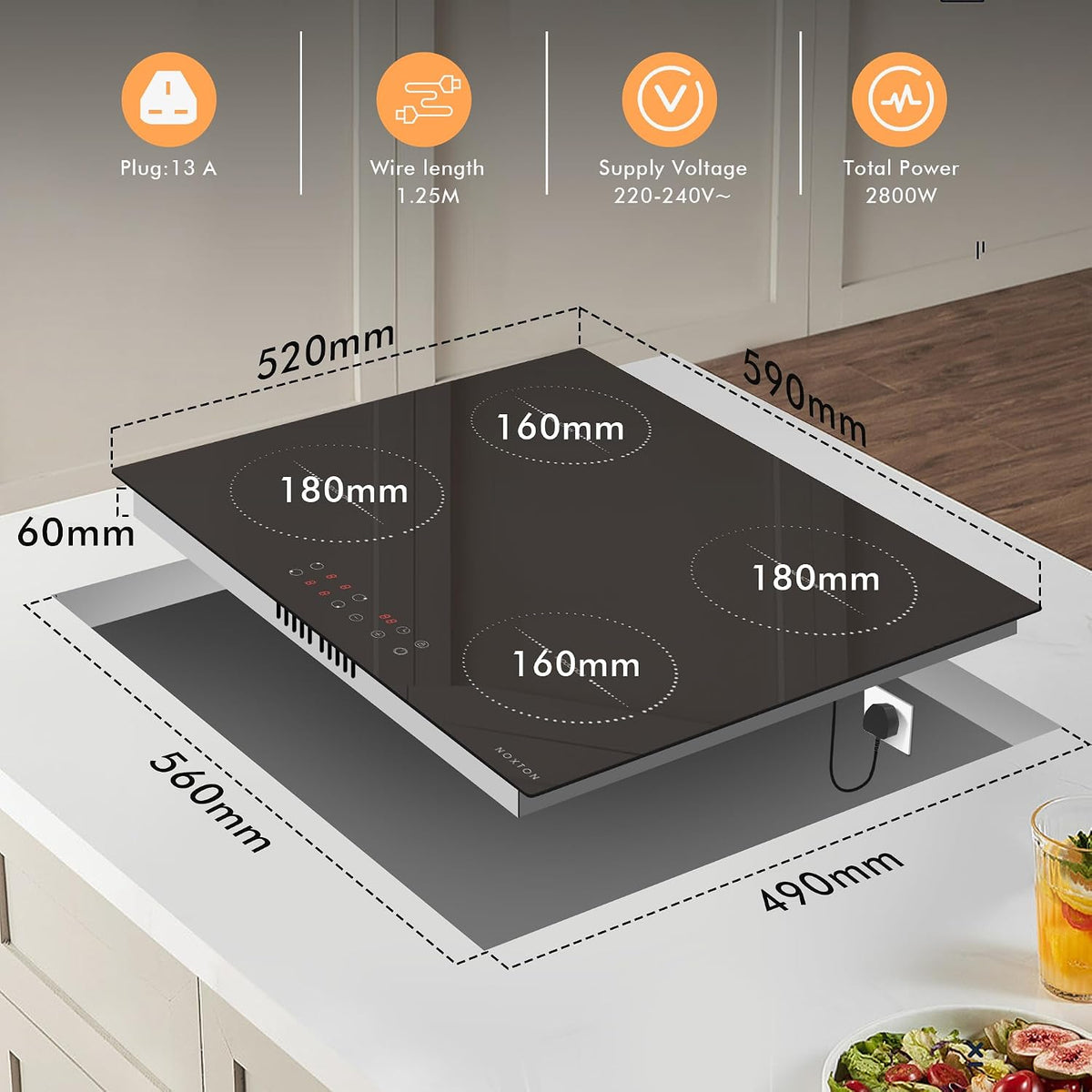 Noxton Plug in Induction Hob, 4 Zones Electric Hob 60cm, Touch Control with Child Safety Lock,UP to 99 Min Timer Black Crystal Glass