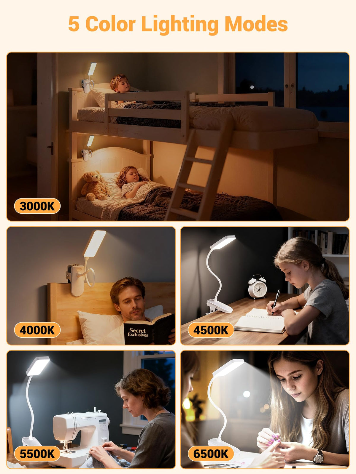 Reading Light,9 Brightness+5 Colors Clip on Light, LED Desk Lamp Table Lamp
