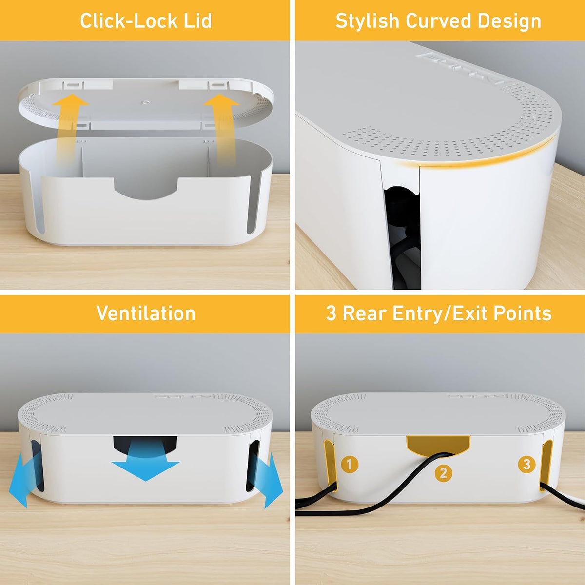 D-Line Cable Tidy Box, Hide & Conceal Extension Blocks, Desk Cable Management Solution, TV Wire Tidy, Made from Electrically Safe ABS Material - 325mm (L) x 125mm (W) 115mm (H) - Small, White