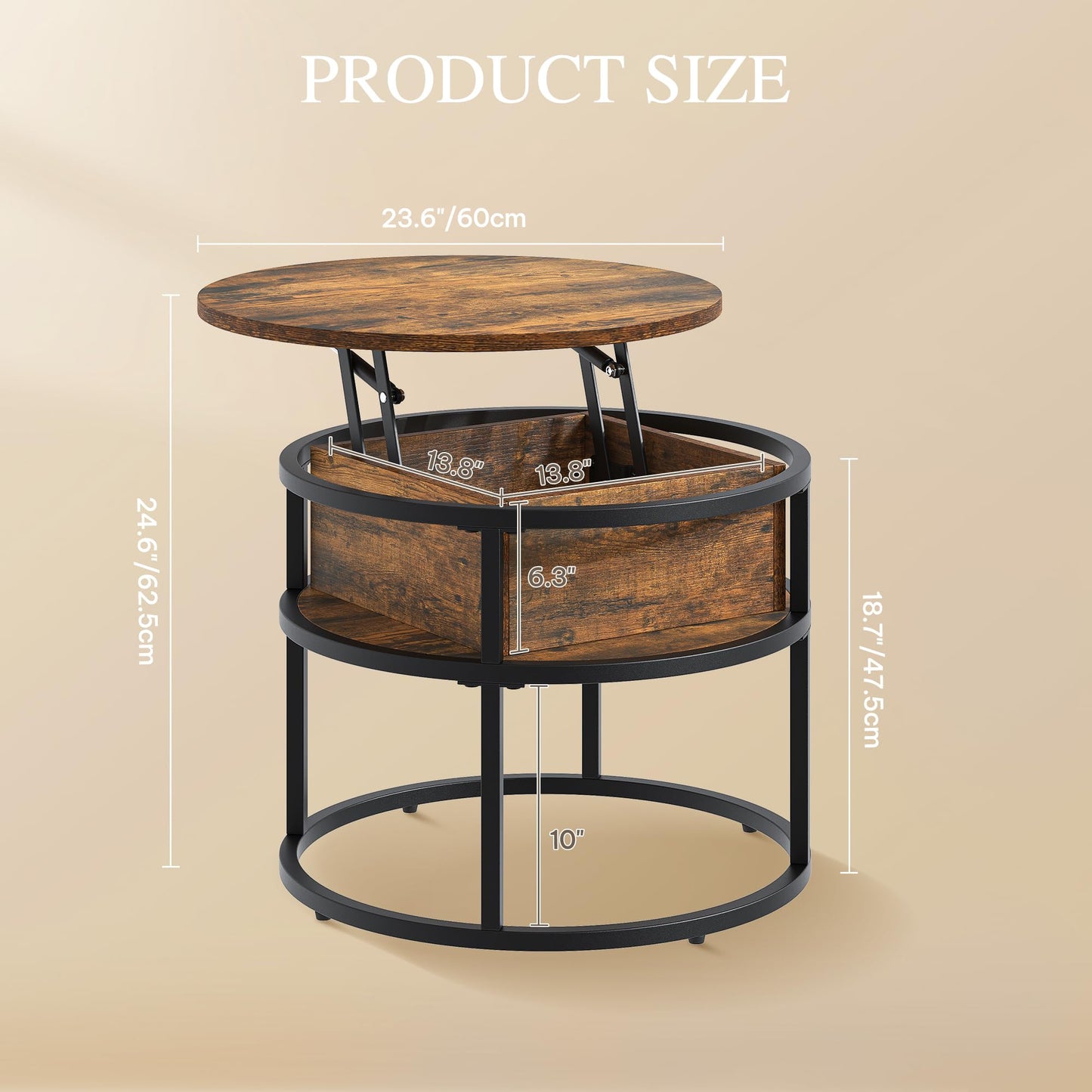 YITAHOME Coffee Table with Lift Top, lift up Coffee Table Round with Hidden Storage Compartment, 60x60x47cm
