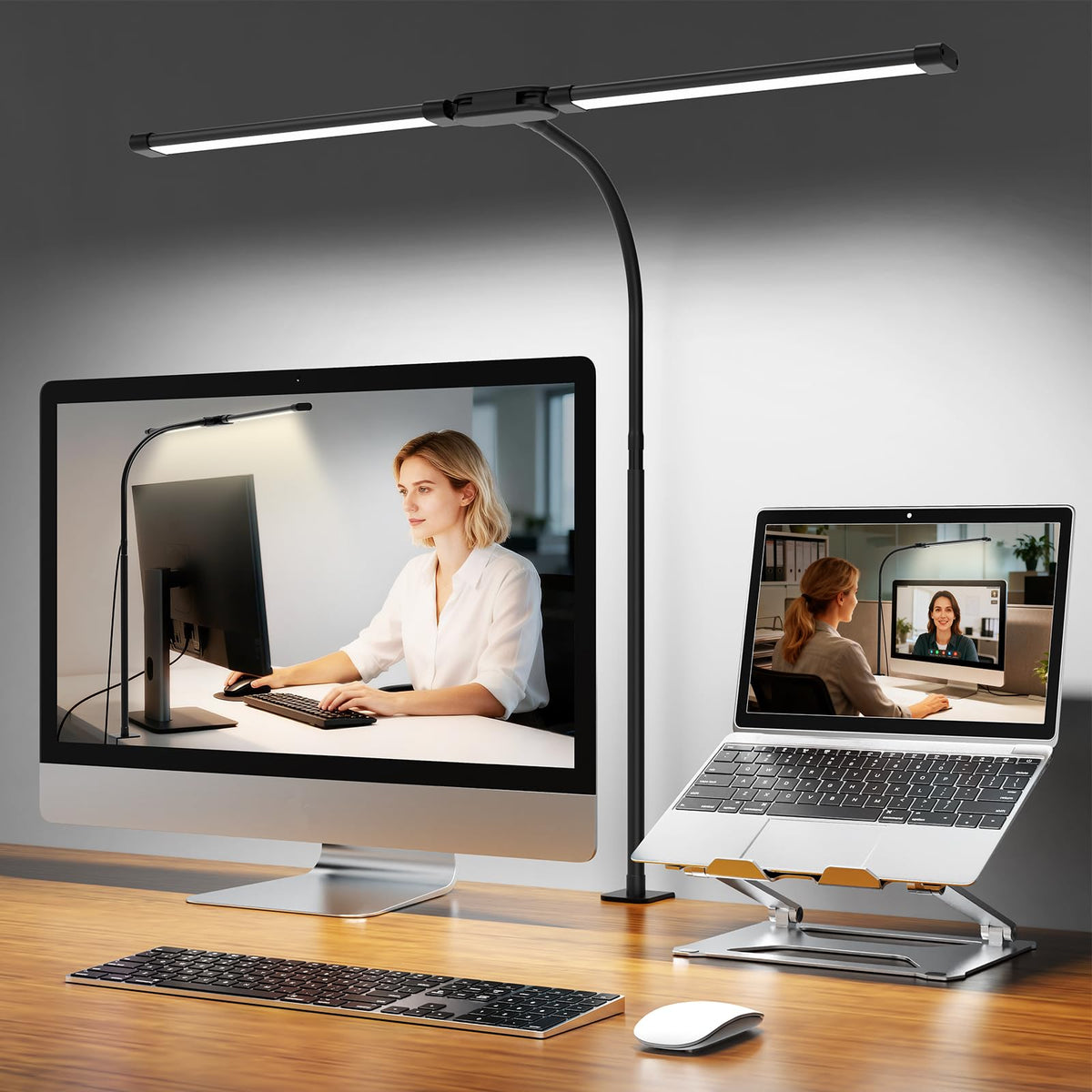 Woputne Dual Head Led Desk Lamp with Clamp for Home Office Study, 24W,Black