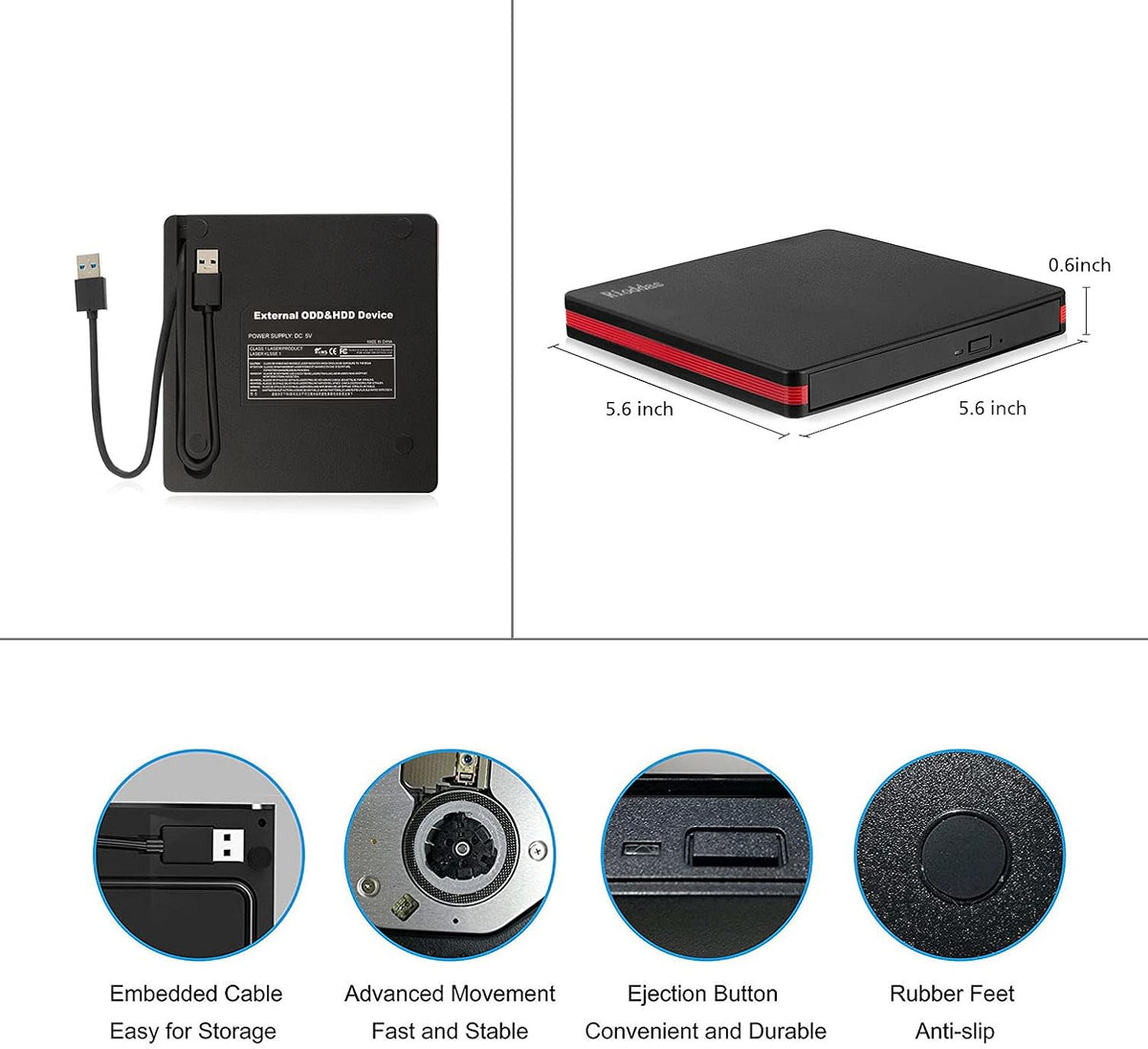 Rioddas External CD Drive, USB 3.0 Portable CD/DVD +/-RW Drive Slim DVD/CD ROM Rewriter Burner for Laptop Desktop PC Windows and Linux OS Apple Mac Macbook Pro