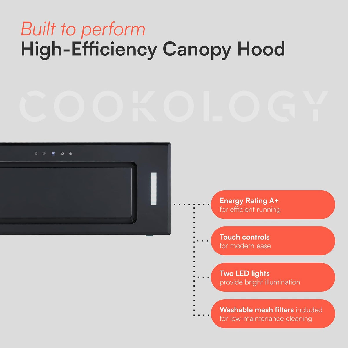 Cookology BUGL750BK Integrated Extractor Fan Cooker Hood in Black - 75cm Width - Built-in Cupboard Glass Canopy - Touch Controls - 2 LED Lights - Switch-off Timer - 3 Speed Settings - A+ Rated